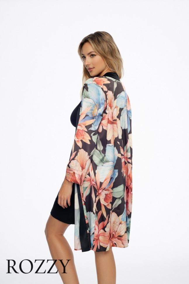 Халат атласный Esotiq Delightful 41237 черный/мультиколор